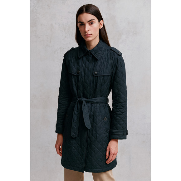 Burberry Brit Quilted Black Belted Coat Medium Diamond Pattern Trench Style - Picture 1 of 6
